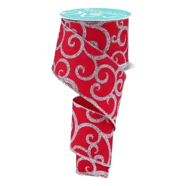 2.5" x 10yd Glitter Swirl Ribbon (Red/Silver)