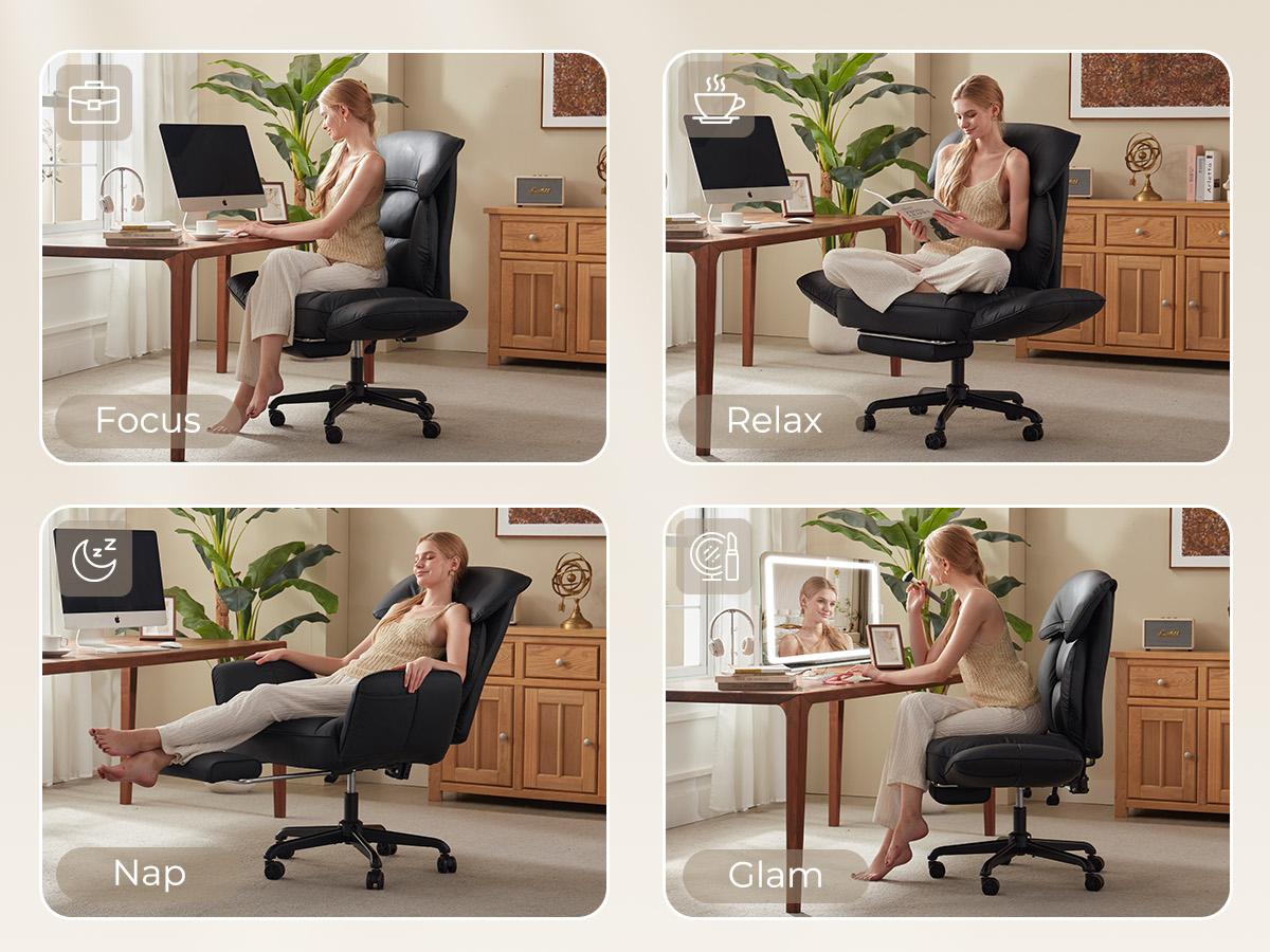 Dowinx Cross Legged Office Chair with Pivoting Armrests,Criss Cross Chair with Pocket Spring Seat & Back,Reclining Computer Gaming Chair with Footrest and Metal Base (Black)