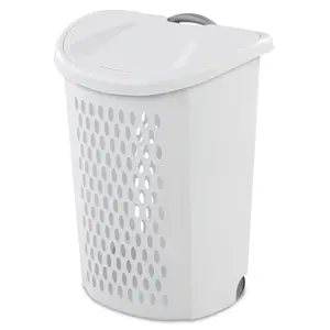 Sterilite Wheeled Hamper with Lid， Handle and Wheels for Easy Rolling of Clothes to and from The Laundry Room, Plastic, White，Collapsible Dirty Clothes Hamper with Wheels for Laundry Room, Bedroom & Bathroom