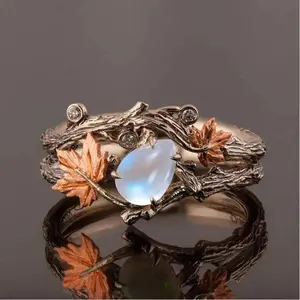 1pcs Vintage Maple Leaf Moonstone Ring Perfect for Daily Wear & Parties
