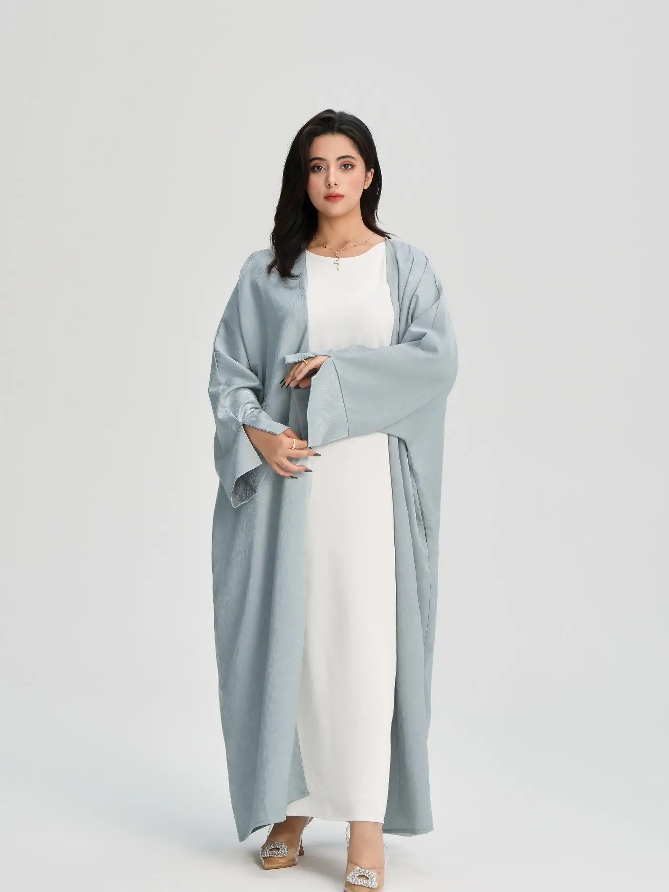 Women's Jacquard Split Sleeve Abaya Cardigan, Modest V Neck Long Sleeve Open Front Abaya Dress for Daily Wear, Women's Islamic Clothing for All Season