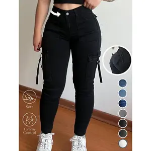 Women's Plain Multi-pocket Denim Cargo Pants, Casual Street Trousers for Daily Wear, Ladies Bottoms for All Seasons, Streetwear