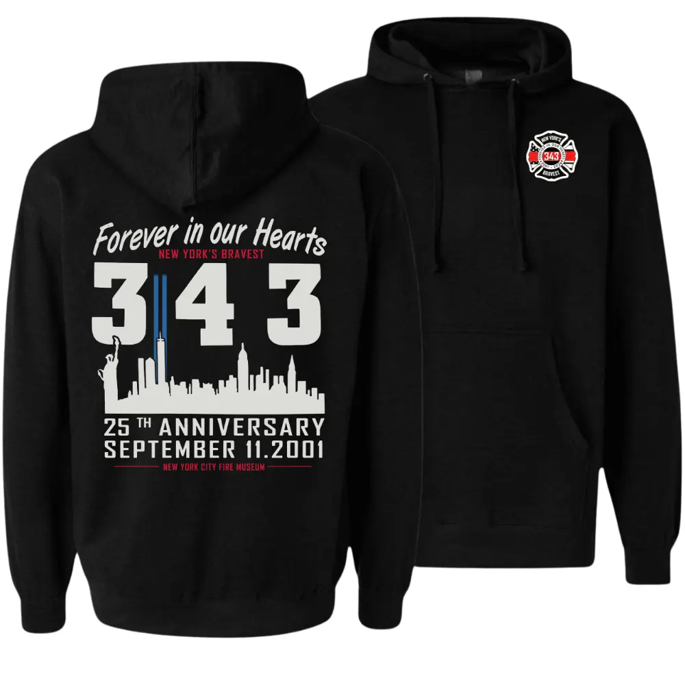 343 Firefighter Memorial Sweatshirt, Forever in Our Hearts 9/11 Anniversary Hoodie, Soft Cotton Blend Shirt, New York’s Bravest Tribute Apparel for Men & Women, September 11 Remembrance