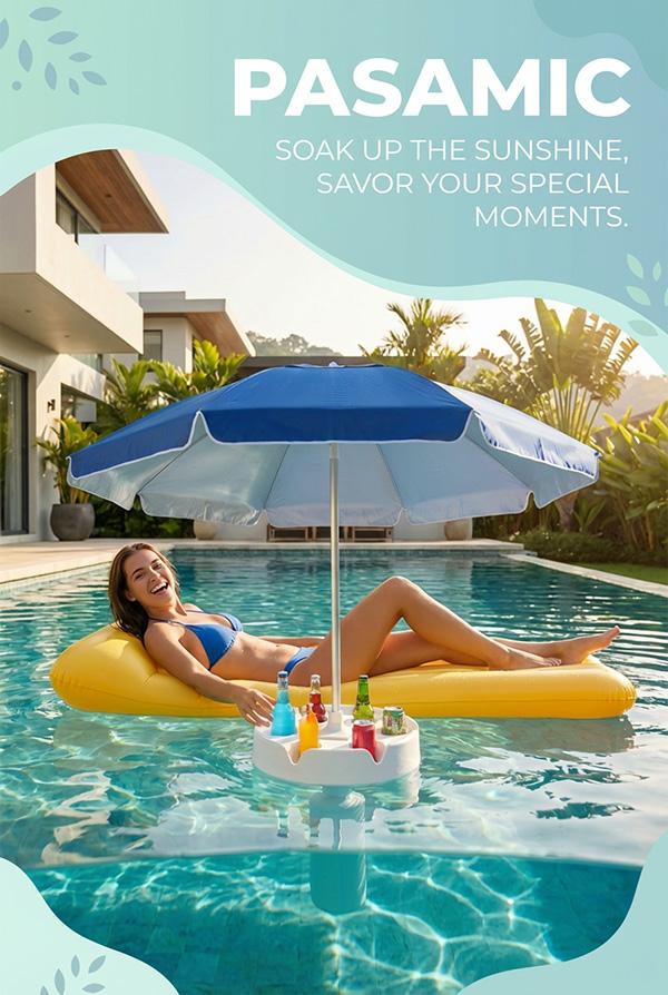 Floating Table Umbrella with Base and Cup Holder, Portable Pool Umbrella for Inside of Pool, Floating Poolside Shade Include Easy Carry Bag for Swimming Area, Lake House, Beach