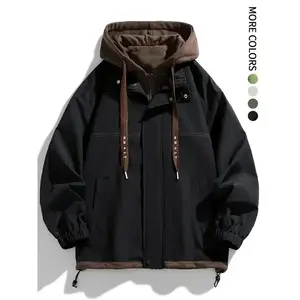 Men's Colorblock Letter Pocket Longsleeves Drawstring Hooded Jacket, Regular Fit Casual Windproof Long Sleeve Hoodie Jumper for Fall & Winter, Men's Clothes for Daily Wear, Fall Clothes 2024 Tops, Waterproof Jacket