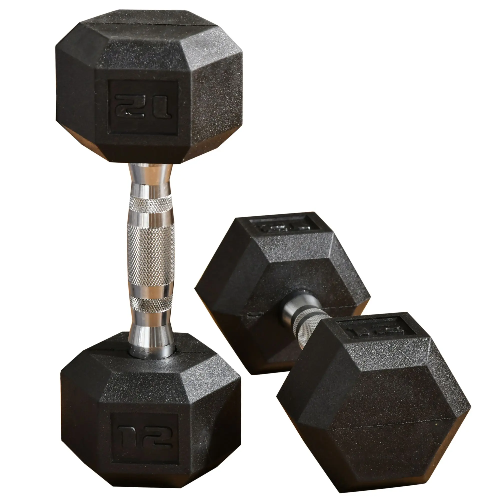 12 lb Rubber Hex Dumbbell Set of 2, Non-Rolling Weights with Ergonomic Metal Handles for Full Body Workout and Home Gym Strength Training, Hexagon Shape, Build Physical Strength, Arm Strength Training