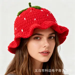 Cute red strawberry hand crocheted bucket hat female niche funny face small knitted hat thin wool hat