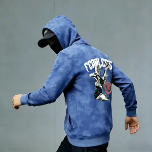 Couple Outfits Niche Design Unisex Y2K Streetwear Men's Hoodie Acid Washed Blue FEARLESS Letter & Balaclava Graphic Relaxed Fit Pullover Sweatshirt Long Sleeve Casual INS SWAG Outfit Styling 2026 New Arrival Birthday Gift Menswear Tops
