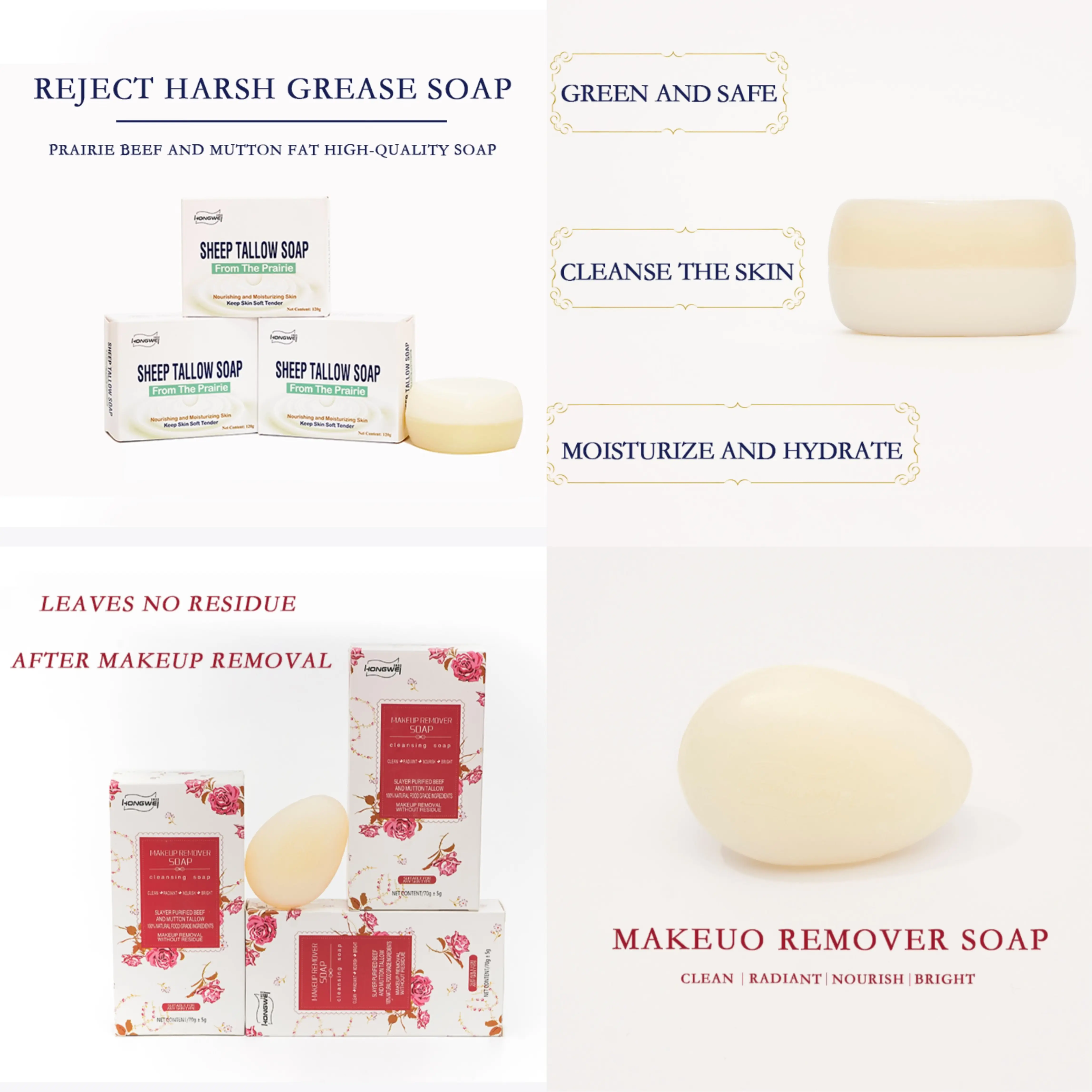 HongWei Beauty routine combo 2tallow soaps+1 makeup remover soap
