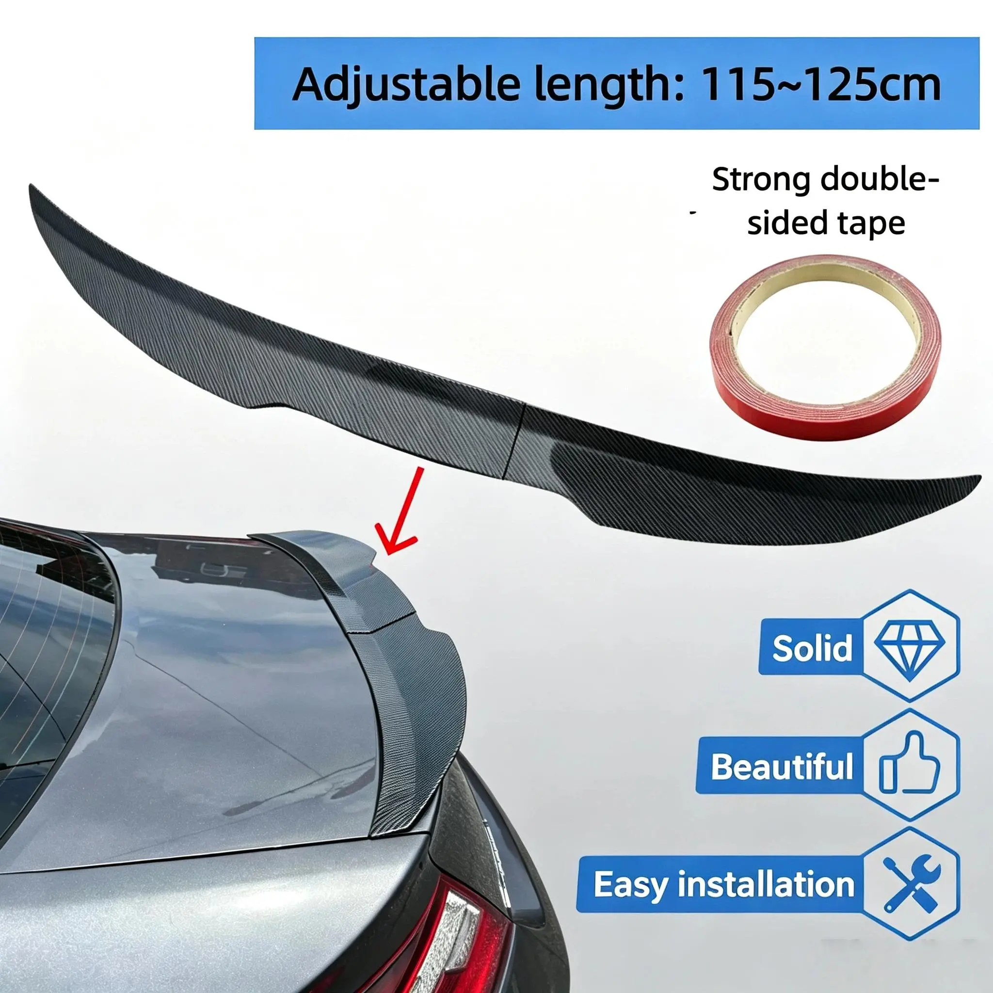 3-Segment ABS Adjustable Universal Rear Trunk Spoiler - Gloss Black Carbon Fiber Texture, Drill-Free Adhesive-Mount Sport Roof Diffuser for Automotive Aerodynamics & Airflow Control (Car Accessory)