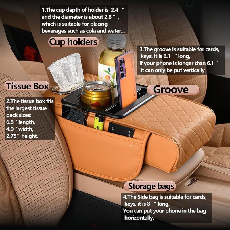The black and red five-in-one car center console armrest cover comes with built-in dual storage bags, cup holders, tissue holders, and phone holders, providing all-in-one interior storage solutions for your car.