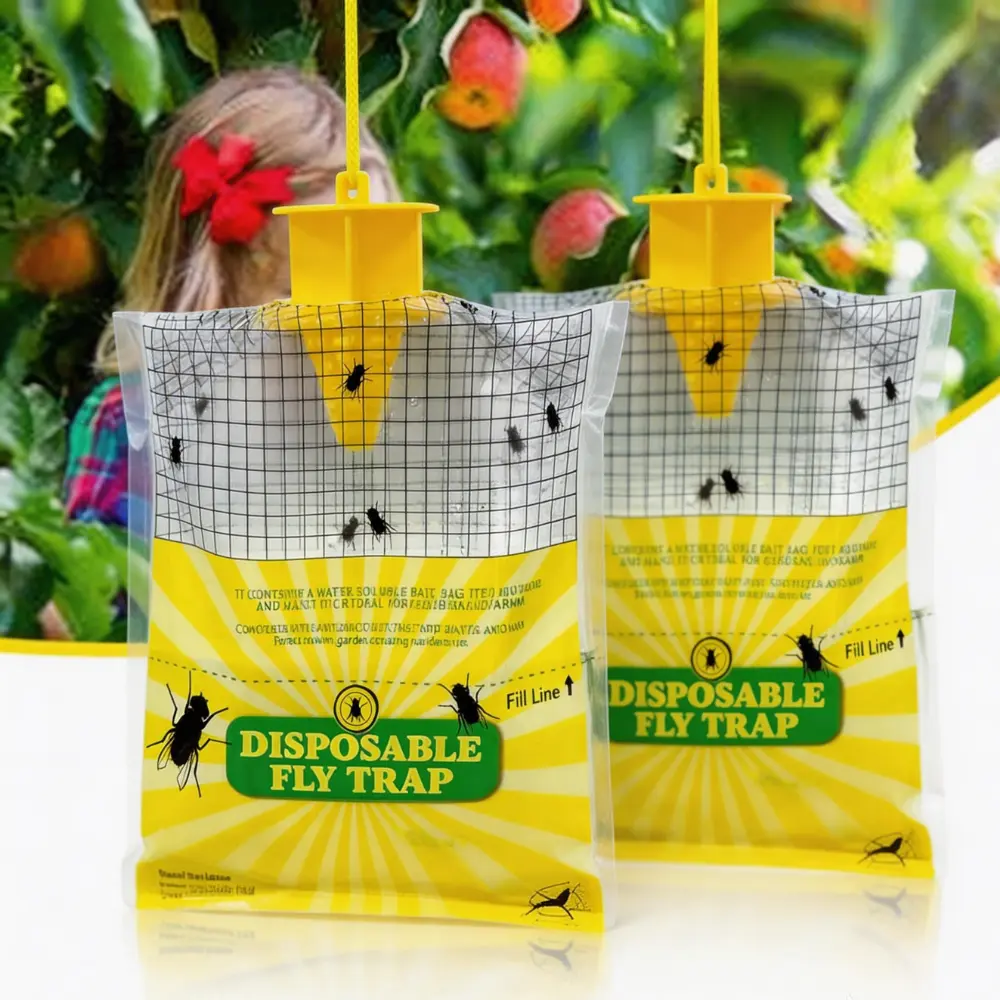 Plastic Disposable Hanging Fly Trap Bags with 1-Way Funnel, Physics-Based, Chemical-Free, Lightweight, Leakproof Water Capture, None Built-In Bait, Multiple Packs (6/12/18/24) for Backyard, Dumpster, Camping Essentials (Home Pest Control), Chicken Coop