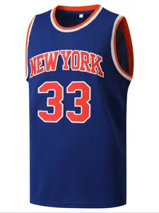 Men's 33 Blue Embroidered Vintage Basketball Jersey, Casual Short Sleeve Vest, Long Clothing Length, Fitted Style, Summer Kint Fabric