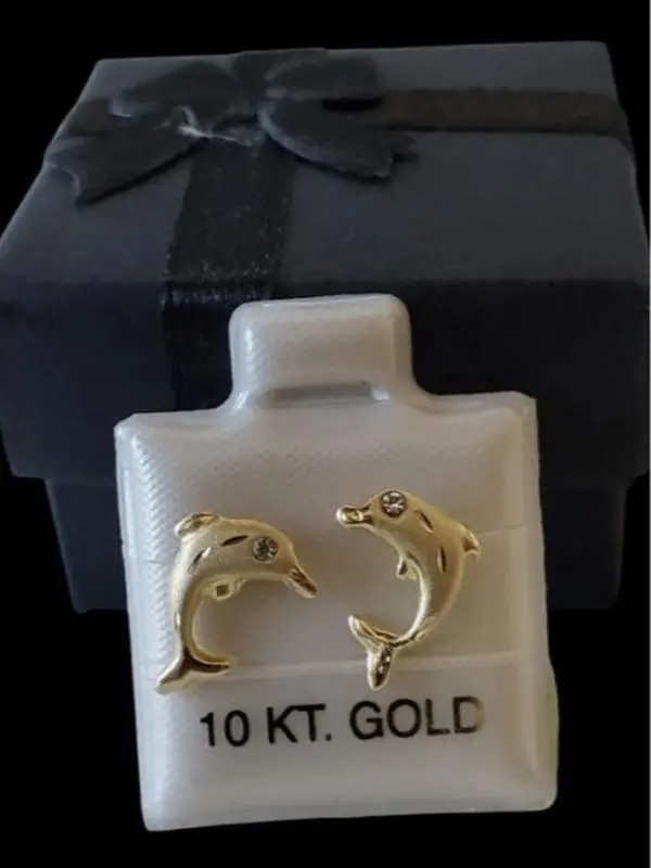 10K Solid Gold 12mm Dolphin Stud Earrings CZ Eye Nautical Ocean~New