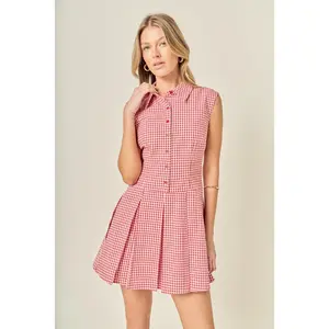 English Factory Red Plaid Pleated Mini Shirt Dress