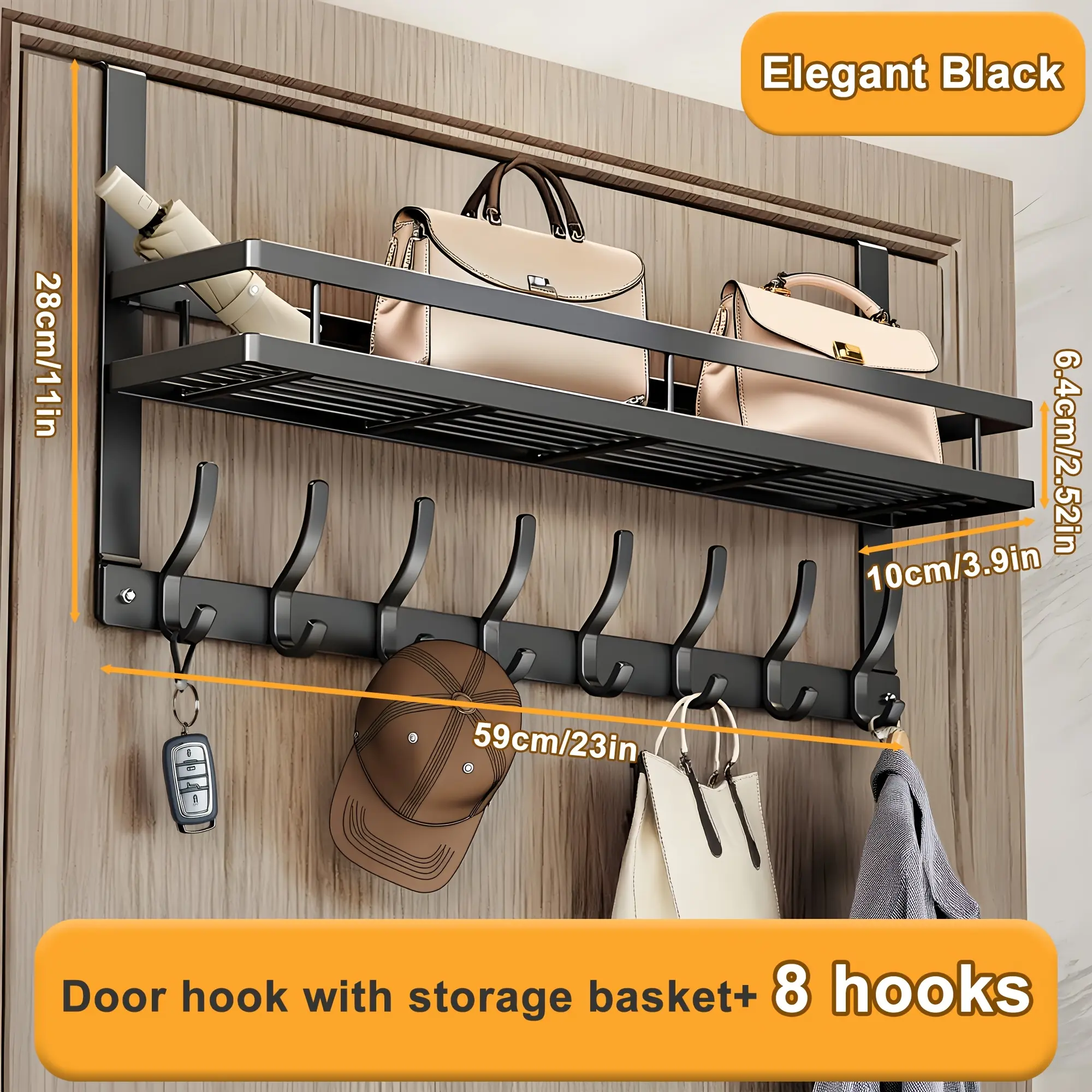 1pc Heavy-Duty Metal Over-the-Door Storage Rack with Adjustable Hooks & Shelves - Space-Saving Organizer for Bedroom, Bathroom, Entryway - Easy Installation with Screws or Adhesive, Holds Bags, Hats, Keys, Towels, Utensils - Durable Painted Finish Over-th