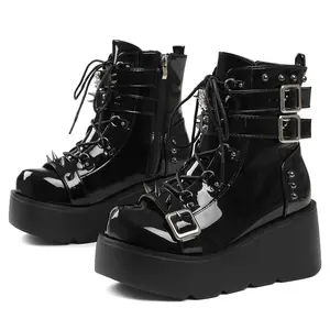 AOSPHIRAYLIAN Women's Platform Gothic Ankle Booties With Adjust Studded Metal Buckle Fashion Y2k Zip Lace Up Wedge Thick Sole Punk Motorcycle Combat Short Boots