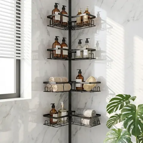 Rustproof Metal 4-Tier Tension Pole Corner Shower Caddy, Adjustable Height 32-116.5 in No-Drill Hollow Metal Bathroom Organizer, Space-Saving Shelves with Drainage Hooks for Bath Accessories