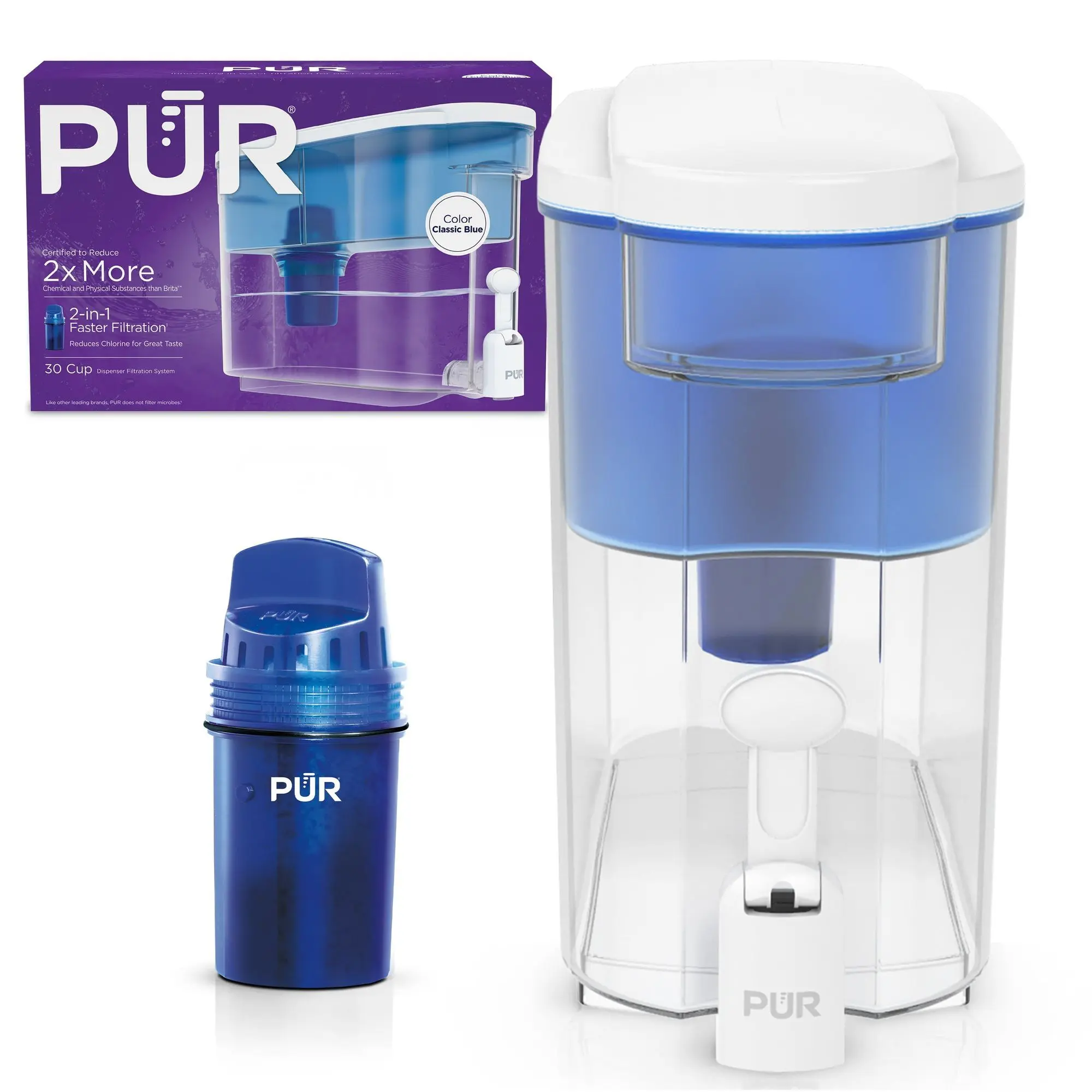 PUR 30 Cup Dispenser Filtration System Water Filter Dispenser for Fridge, Blue/White, DS1800Z