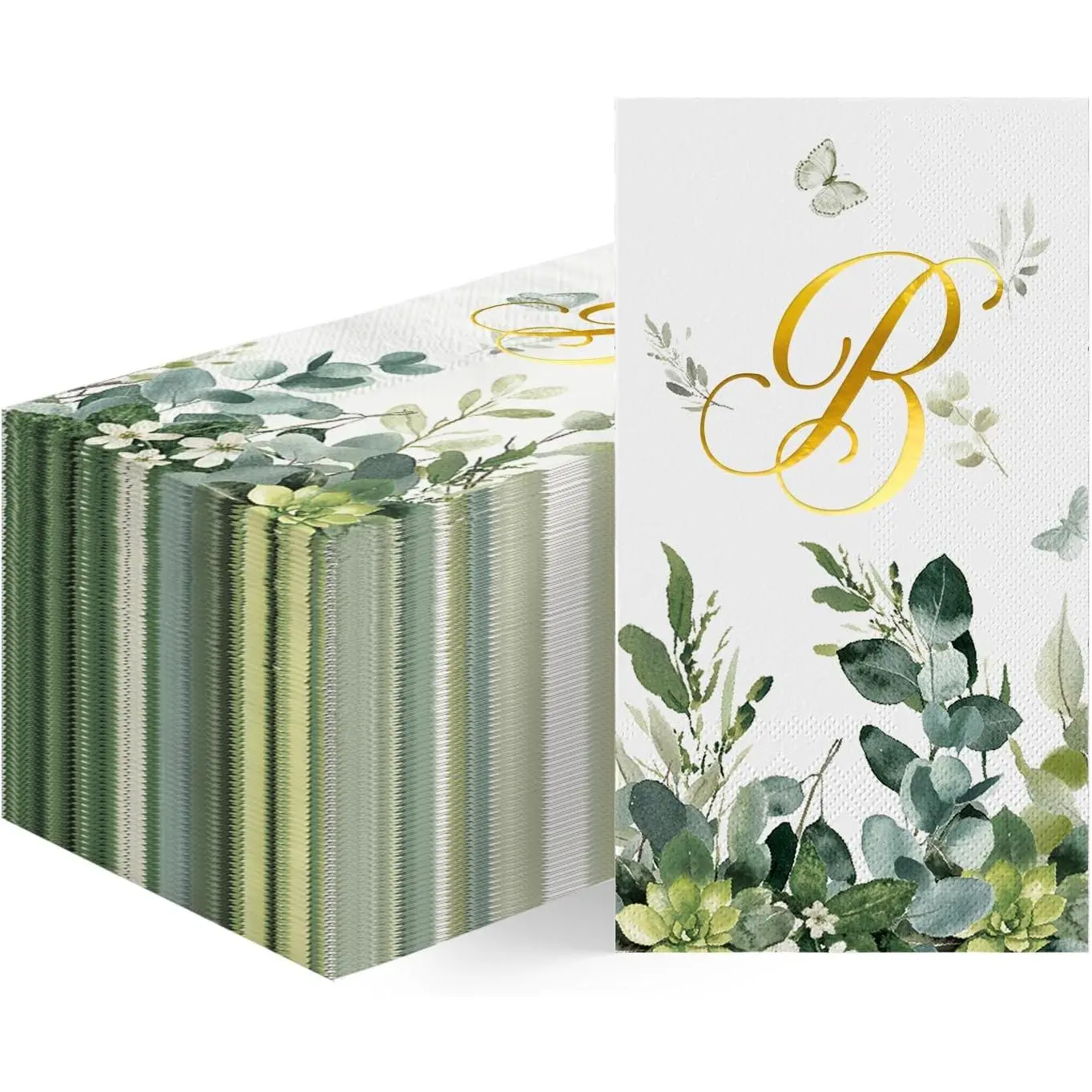 100 Spring Disposable Paper Decorative Guest Napkins, Watercolor Eucalyptus Monogram  Foil Letter B for Party Bathroom Wedding Birthday  Shower