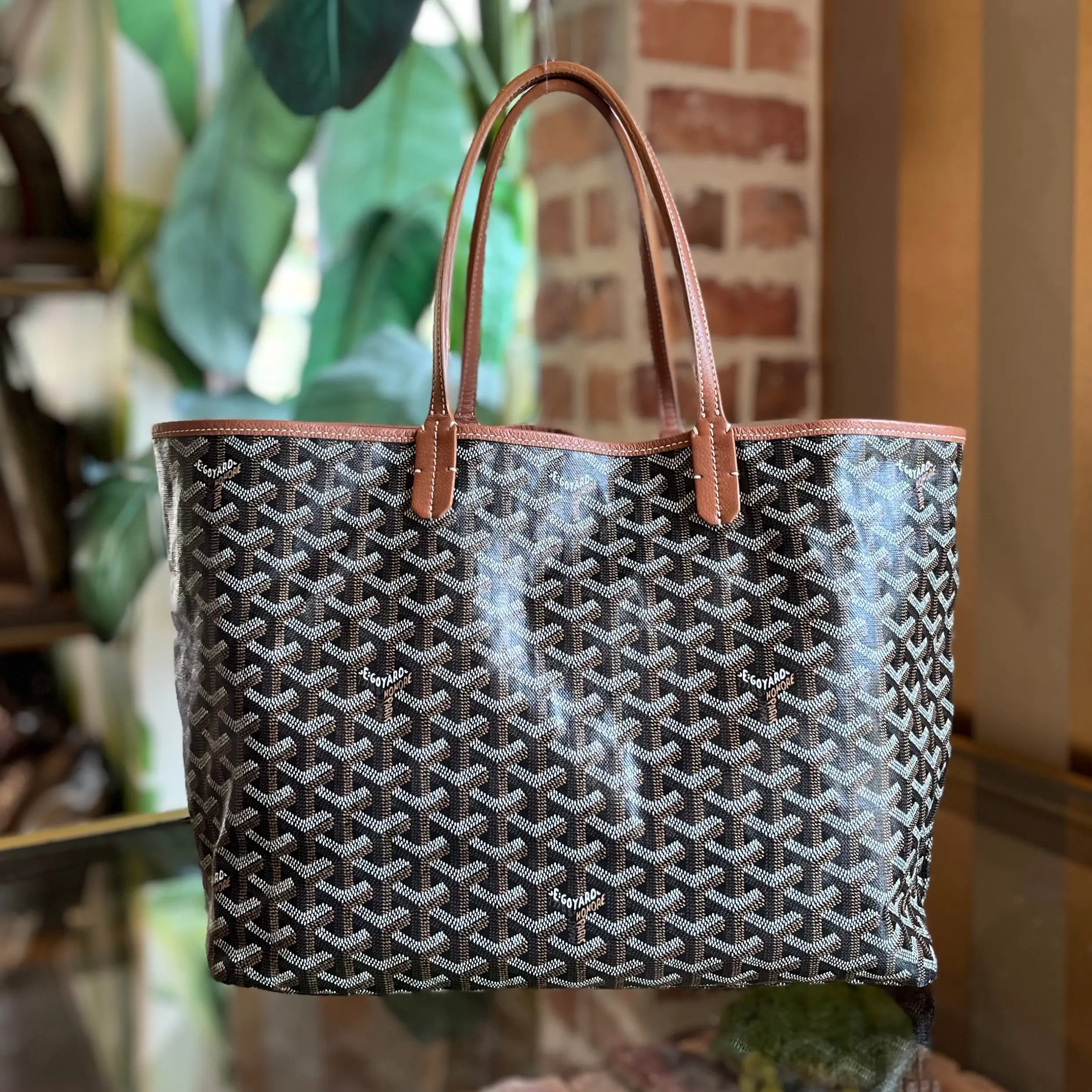 Pre-owned Goyard Calfskin Tote Bags Saint Louis PM Black Goyardine Canvas Chevroches Tote