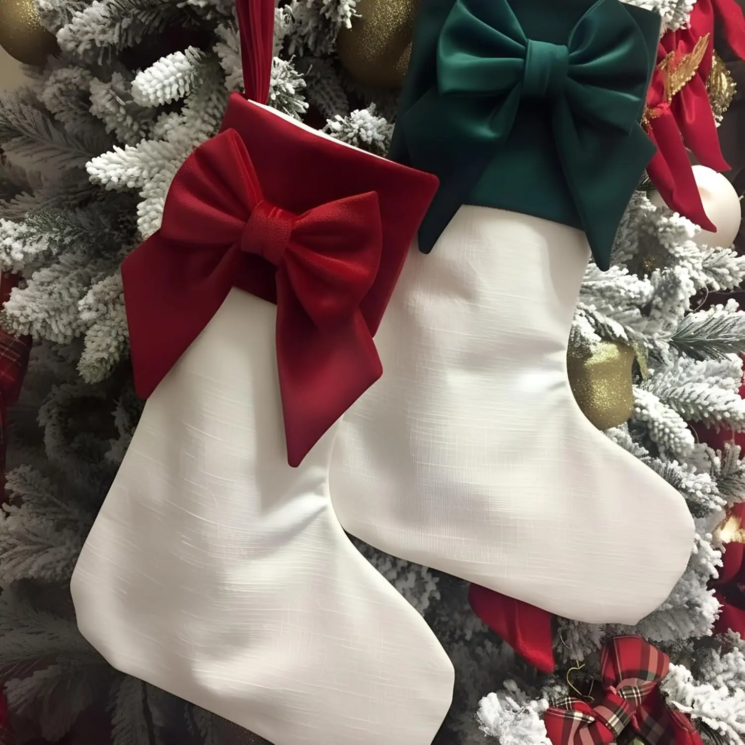Seematn 2 Pack Bow Christmas Stockings, 18 Inches Burgundy Red Green Velvet Christmas Stocking Coquette Luxury Xmas Hanging Socks Decoration for Tree Fireplace Mantel Party Elegant Holiday Decor