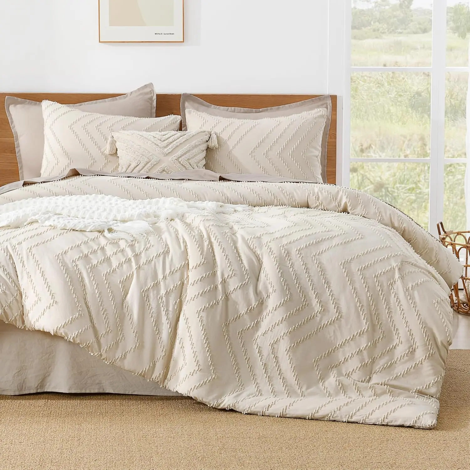 Shabby Chic Oversized King Comforter Set - 120x98 in Beige, 3-Piece Chevron Tufted Design with Modern Lines, Fluffy Soft Polyester Fill; Set Includes Quilt Comforter Components, Year Round, Cozy Chic