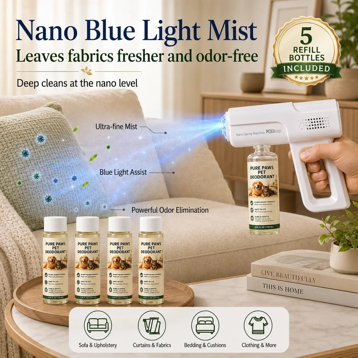 【Summer Deals】Pet Bio-Enzyme Odor & Stain Remover Spray, Blue Light Probiotic Floral Scent Formula, Plant-Extracted Powerful Odor Elimination, Pet-Safe Non-Toxic Disinfectant for Indoor Urine Issues, Bio-Enzyme Odor & Stain Removers