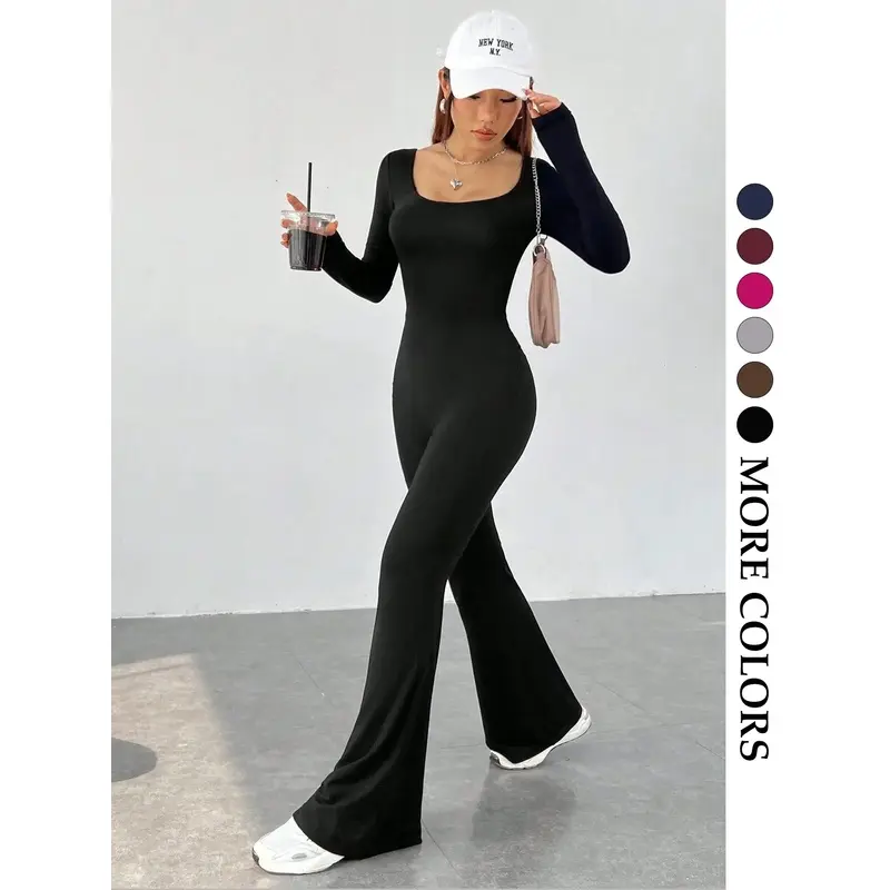 2026  Women's Round Neck Jumpsuit, Long Sleeve Fitted Micro Flare Pants, Yoga Fitness Inner Wear, All Seasons Casual, Yoga , Tight Fitting Jumpsuit, Plain , Yoga Workout Jumpsuit