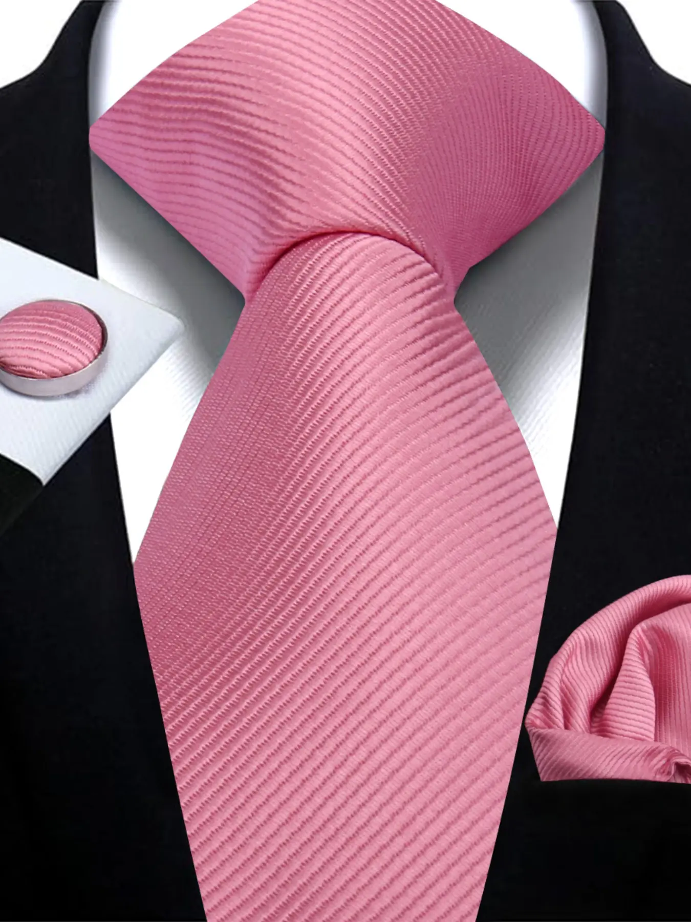 Elegant Men's Solid Color Tie Design Handkerchief Cufflinks Set, Perfect for Weddings Parties Business Casual, Durable Comfortable Accessories, Plain Ties