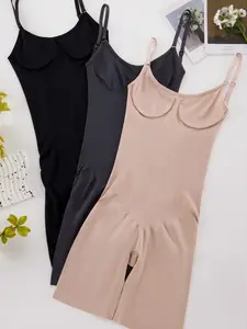 3pcs High Waist Design Shaping Bodysuit With Straps And Abdomen Control And Hip Lifting, [Seamless Women's Shapewear]  Solid Postpartum Body Hip Lifting Device, Formal Dress Jumpsuit