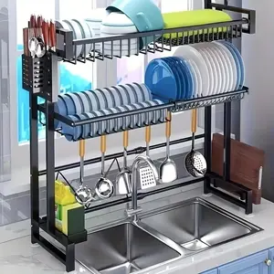 1pc Countertop Cutlery Storage Drain Rack Expandable Kitchen Sink Shelf Dish Rack Drainer Black Kitchen Organizer