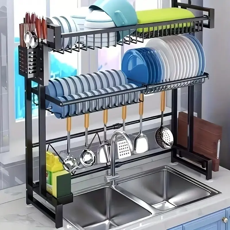 1pc Carbon Steel Adjustable Countertop Cutlery Storage Drain Rack - Removable Expandable Kitchen Sink Shelf Organizer, Easy Installation, Home Supplies for Bedroom & Kitchen Use