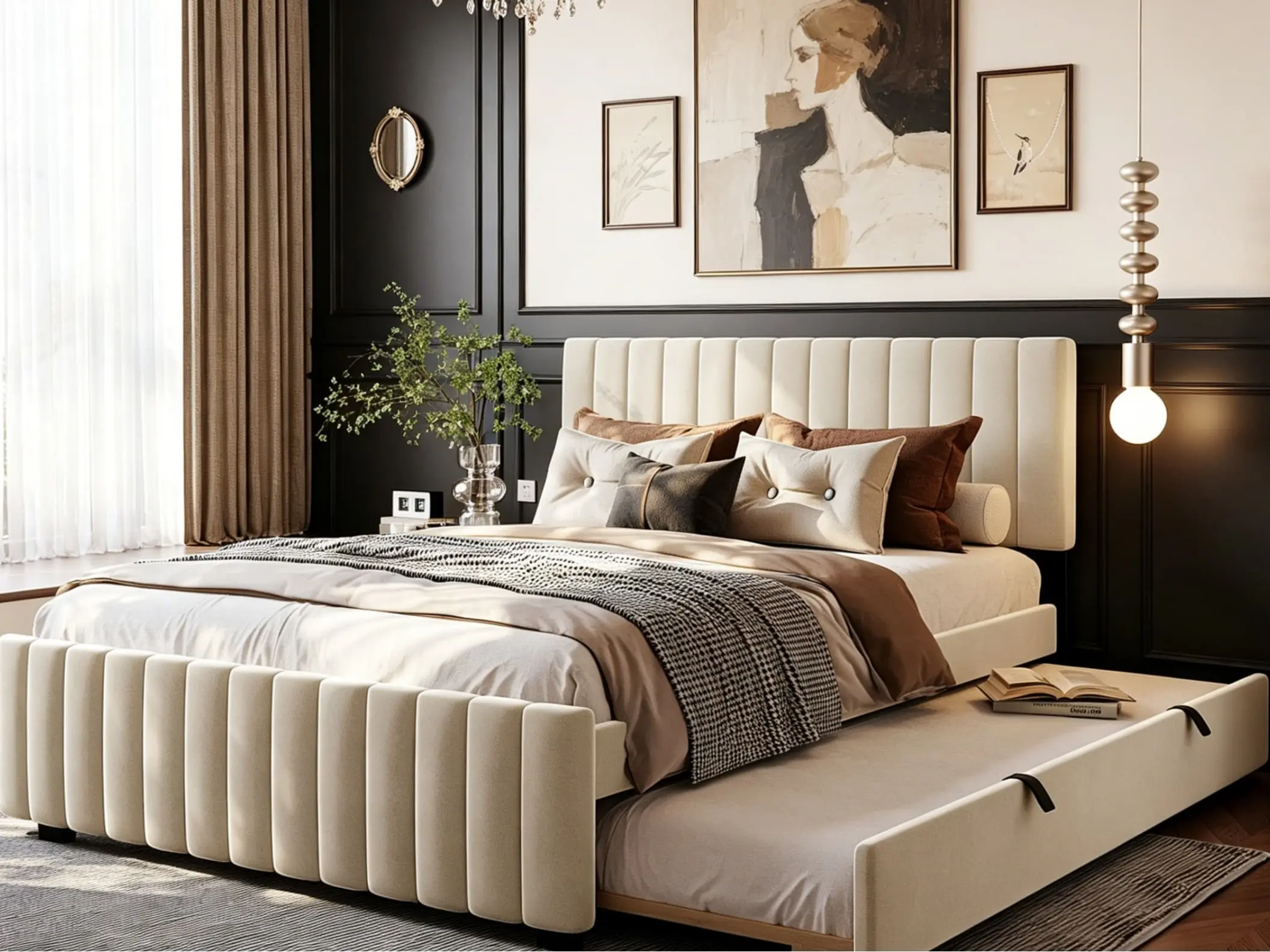 Queen Size Velvet Upholstered Platform Bed Frame with Twin XL Pull-Out Trundle Bed for Guest Room, Indoor Furniture