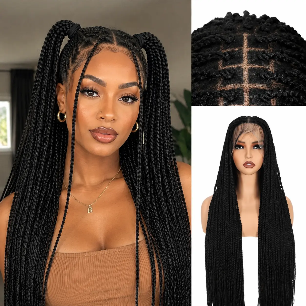 Real Full Lace Braided Wigs for Black Women 36 Inch Knotless Braided Wigs with Baby Hair 100% Handmade HD Lace Synthetic Box Braid Wig (Natural Black)