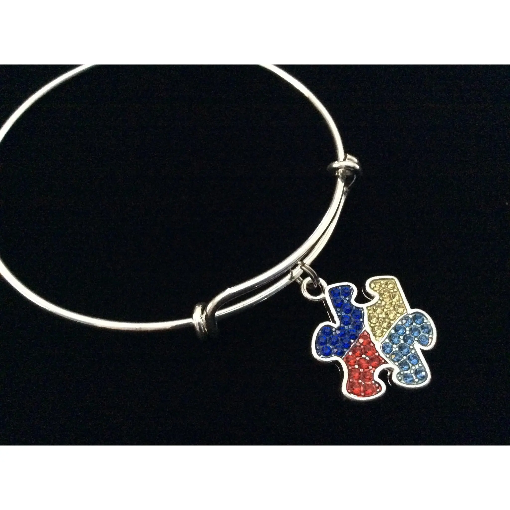 Crystal Autism Silver Puzzle Piece Expandable Charm Bracelet Adjustable Wire Bangle Expandable Gift Autistic