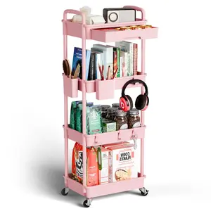 4 Tier Rolling Cart Organizer,Art Craft Diaper Bedside Snack Laundry Room Bathroom Organizer Narrow Thin Slim Rolling Trolley Utility Cart with Wheels for Kitchen,Office(Pink)