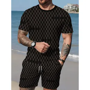 2pcs Short Sleeve T-shirt + Shorts Co-ord Set, Men's Ink Splashing Pattern/ Checked Pattern/ Letters Print Casual Stylish Outdoor Summer Set As Gift