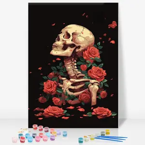 Framed Paint by Numbers Kit for Adults Beginner, Skull and Rose Easy Paint by Number Kits on Canvas Framed, Helloween DIY Acrylic Oil Painting by Numbers with Frame for Gift Home Decor 8 x 12 inch