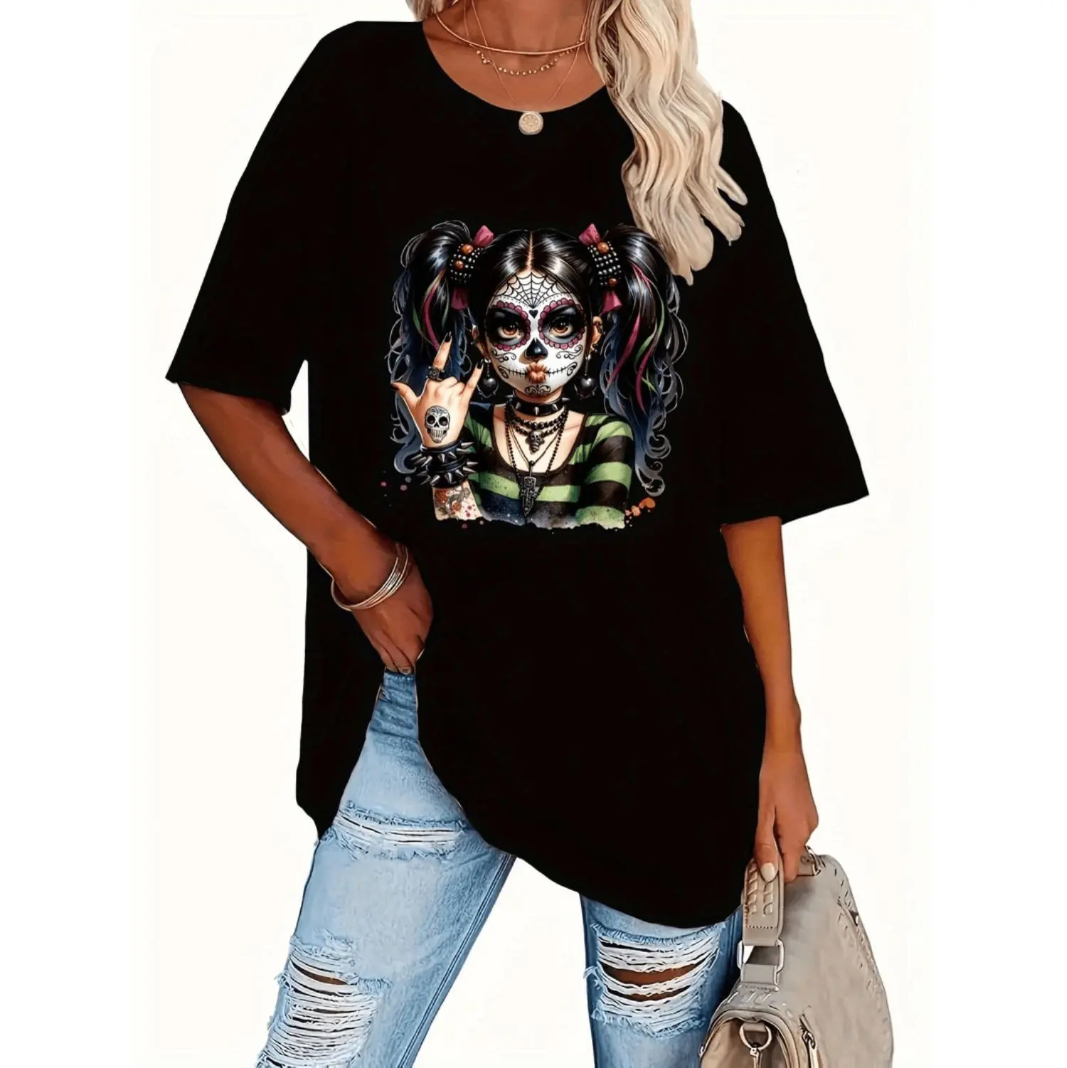 Plus Size, Women's Plus Size Gothic Day of the Dead T-Shirt - Black Gothic Face Paint Graphic Tee, Crew Neck Casual Top for Halloween, Themed Parties & Everyday Gothic Outfits - Machine Washable Women's Clothing, Goth Accessories,