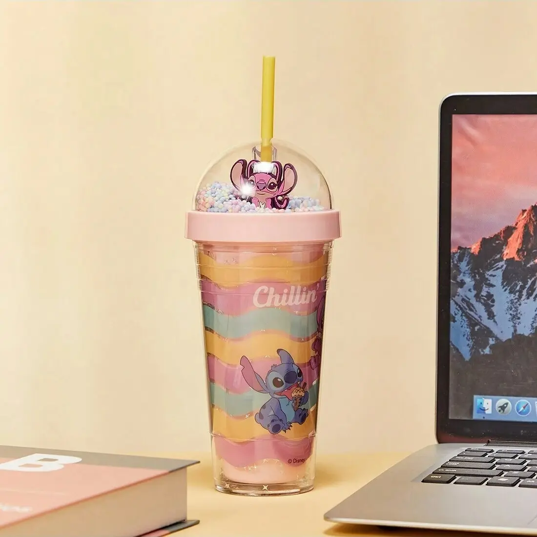 [Back To School] Disney Lilo & Stitch Series 420mL/14.2oz Plastic Water Bottle with Bubble Lid & Straw - Kids' Birthday/Children's Day Gift, Cozy Summer Vibes