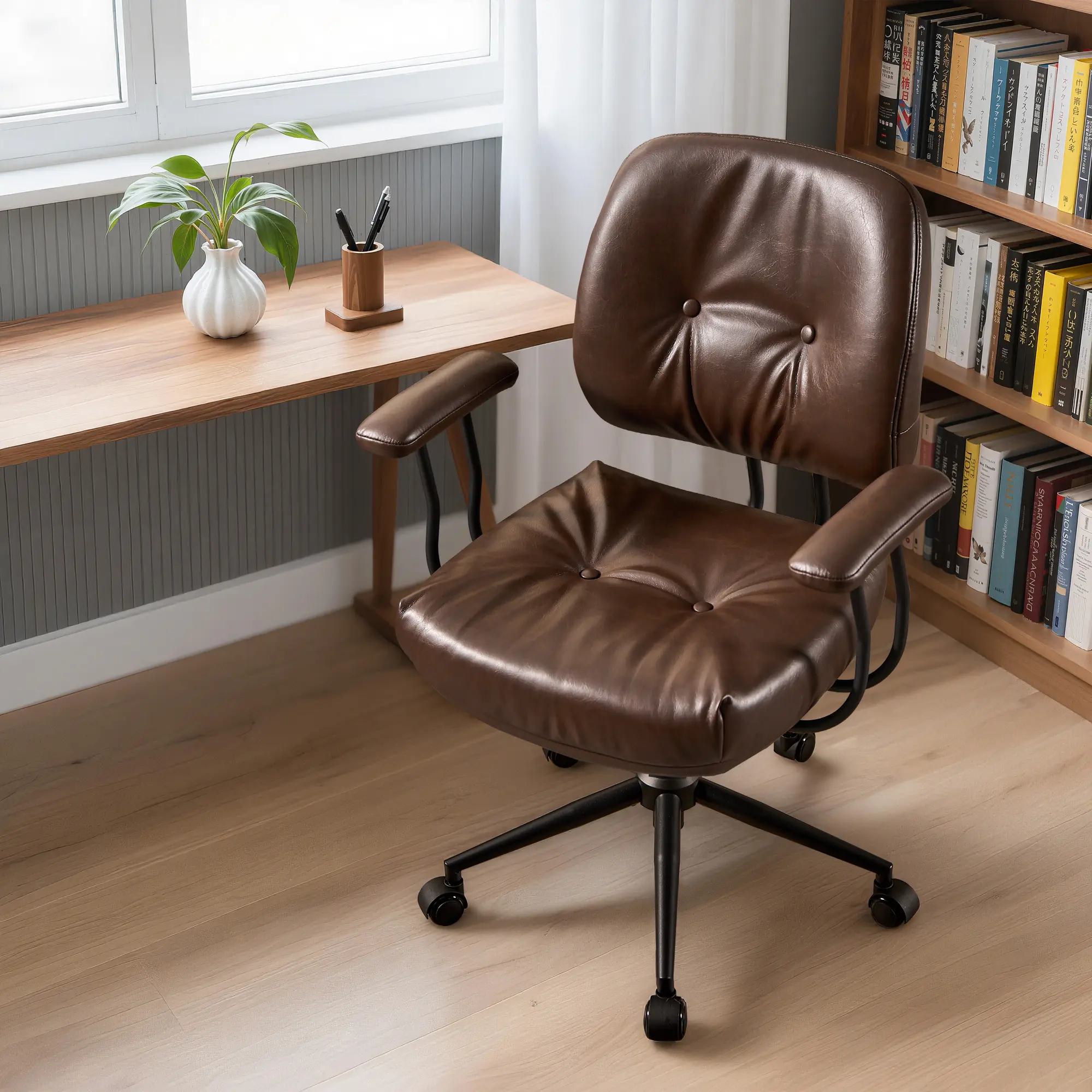 PU Dark Brown, Mid Back, Thick Cushion