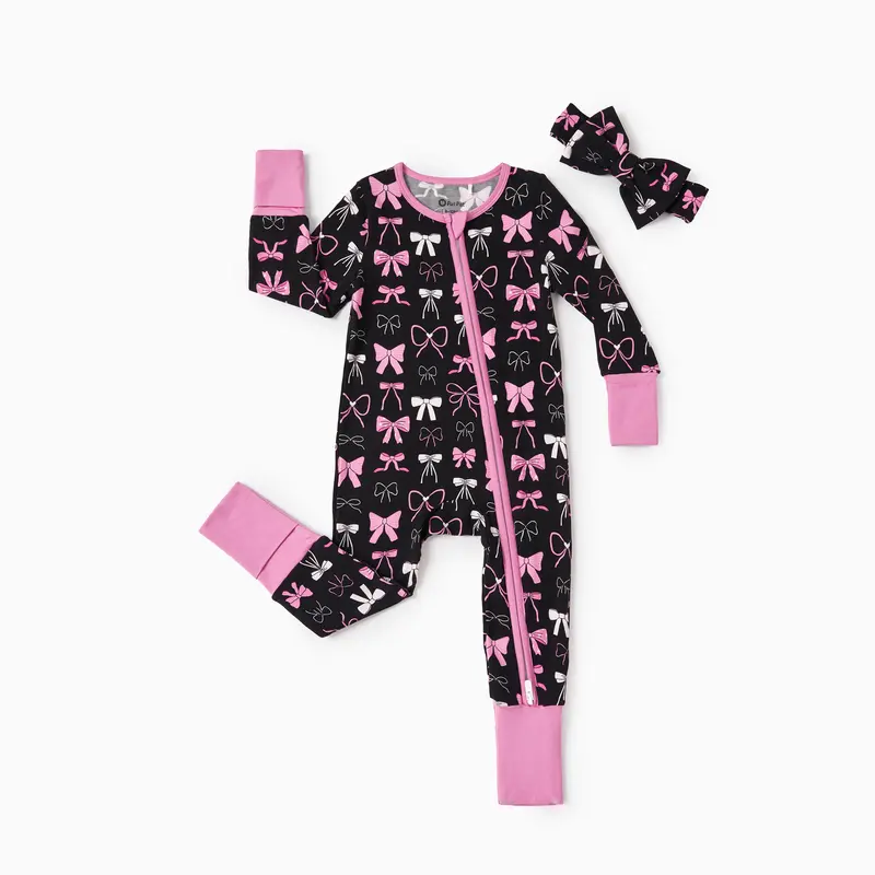 PatPat Unisex Bamboo Infant Bodysuit, Long Sleeve Animal Printed 2-Way Zipper Anti-Slip Footie with Hairband (Pink & Blue Floral Design)