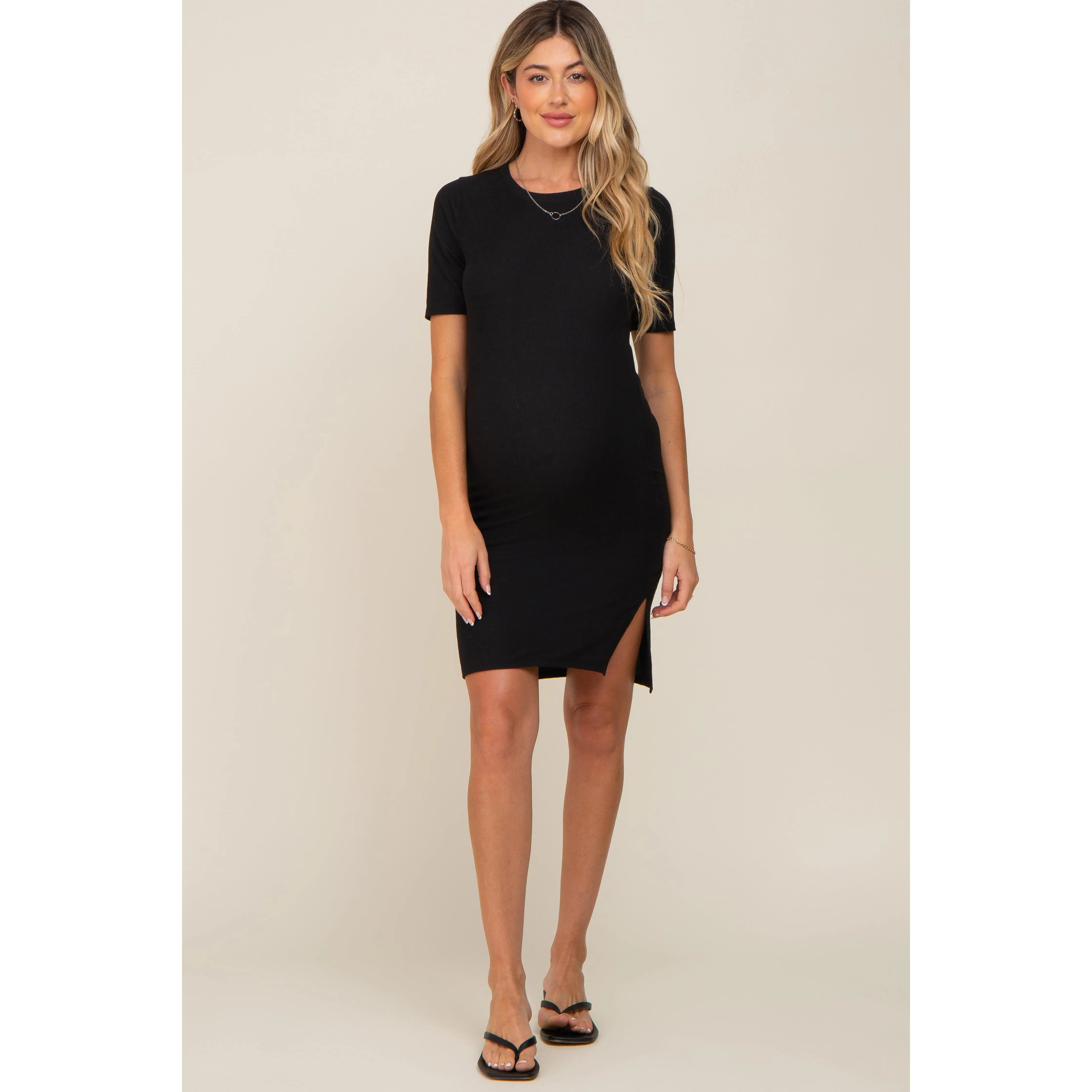 Black Ribbed Basic Short Sleeve Maternity Dress