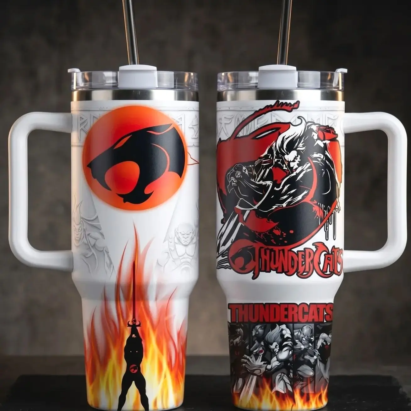 Thundercats 40oz Insulated Tumbler with Handle and Straw, Lion-O 40oz Thunder Cat Tumbler, Retro 80s Cartoon Gift