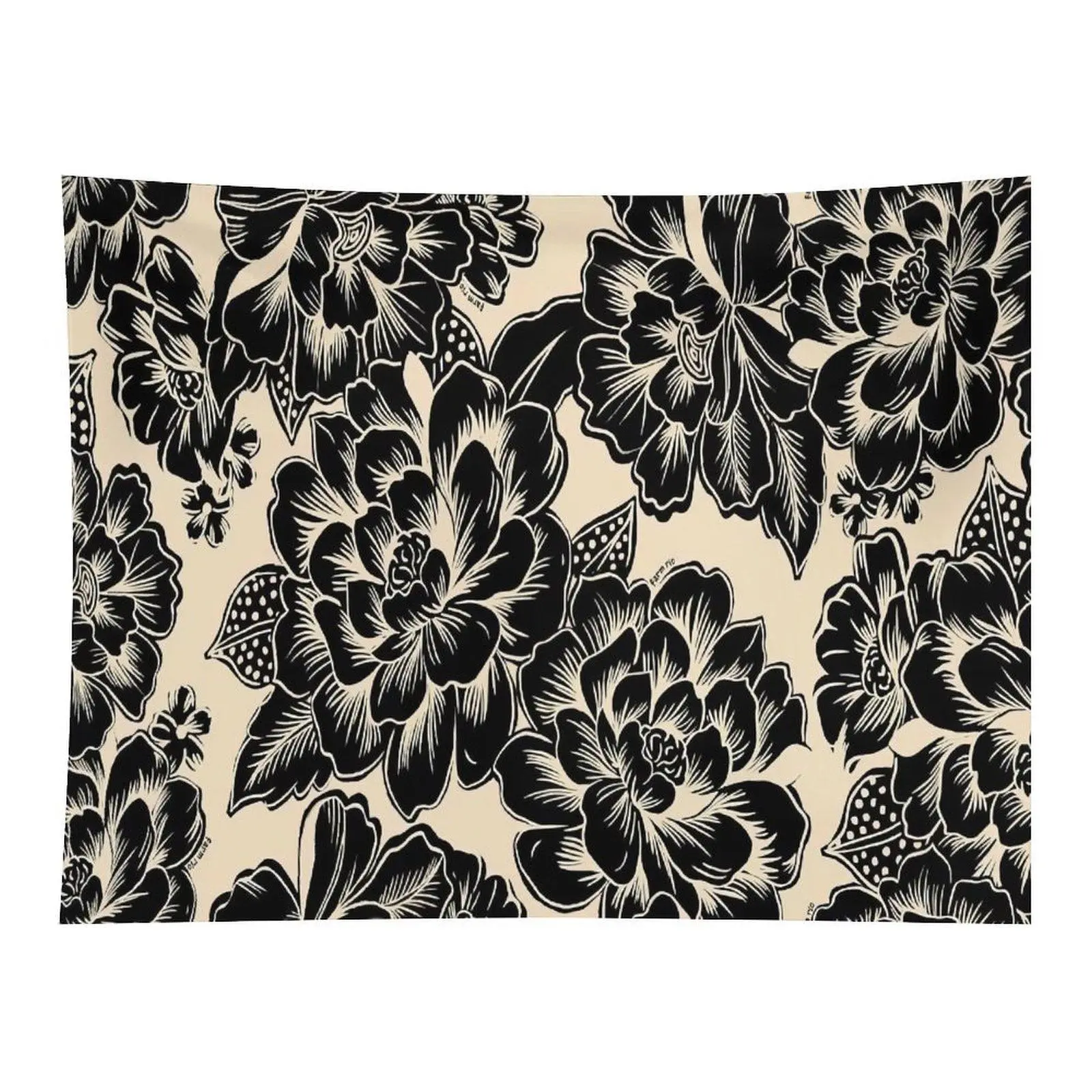 Vintage Black Peony Floral Seamless Pattern Tapestry Beige Background Botanical Flower Wall Hanging Retro Room Home Art Decor