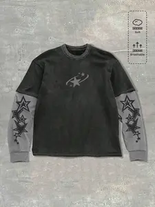 Men's Faux Two-Piece Round Neck Cotton Long Sleeve T-Shirt, Block Stars Pattern, Hip Hop Street Style Casual Sportswear, Breathable Sports Top