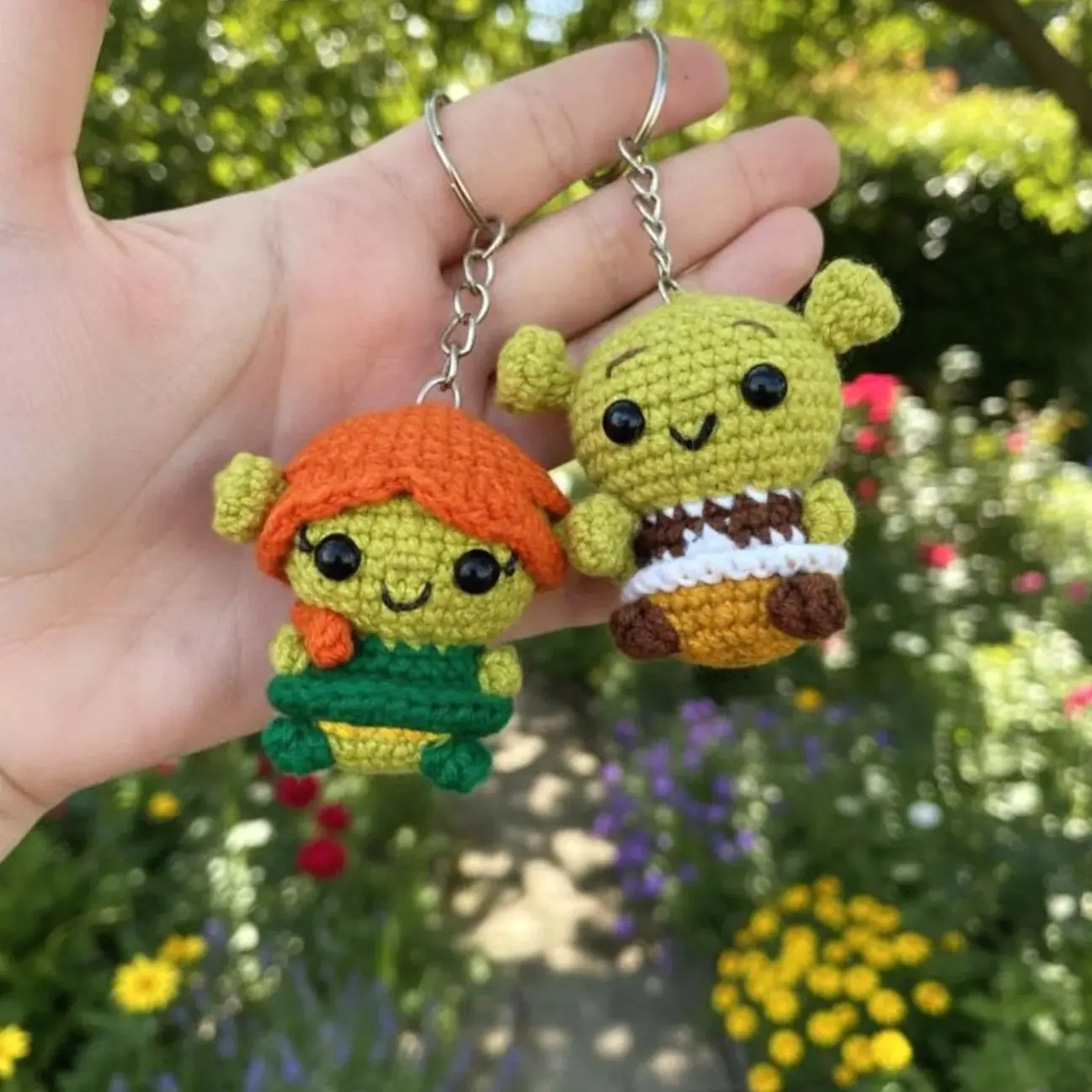 Cute Crochet Keychain Amigurumi Shrek and Fiona Keyring, Handmade Crochet Bag Charm, Lover Gift,Stuffed Shrek Doll, Valentine Gift
