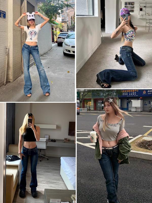 EMMIOL Women’s Y2K Vintage Denim Flare Jeans – Stretch Wide Leg Mid-Low Waist Casual Bootcut Jeans Outfit For Trendy Streetwear