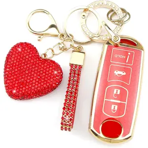 Key Fob Cover with Diamond Keychain for Women, Car Key Holder Compatible with Mazda 3 6 8 Miata MX5 CX3 CX4 CX5 CX7 CX9 Smart Remote Key Protector, 4 Buttons (Red-Heart)
